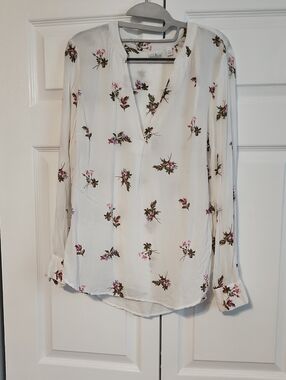 Soho White Floral V-Neck Blouse with Pink & Green Accents